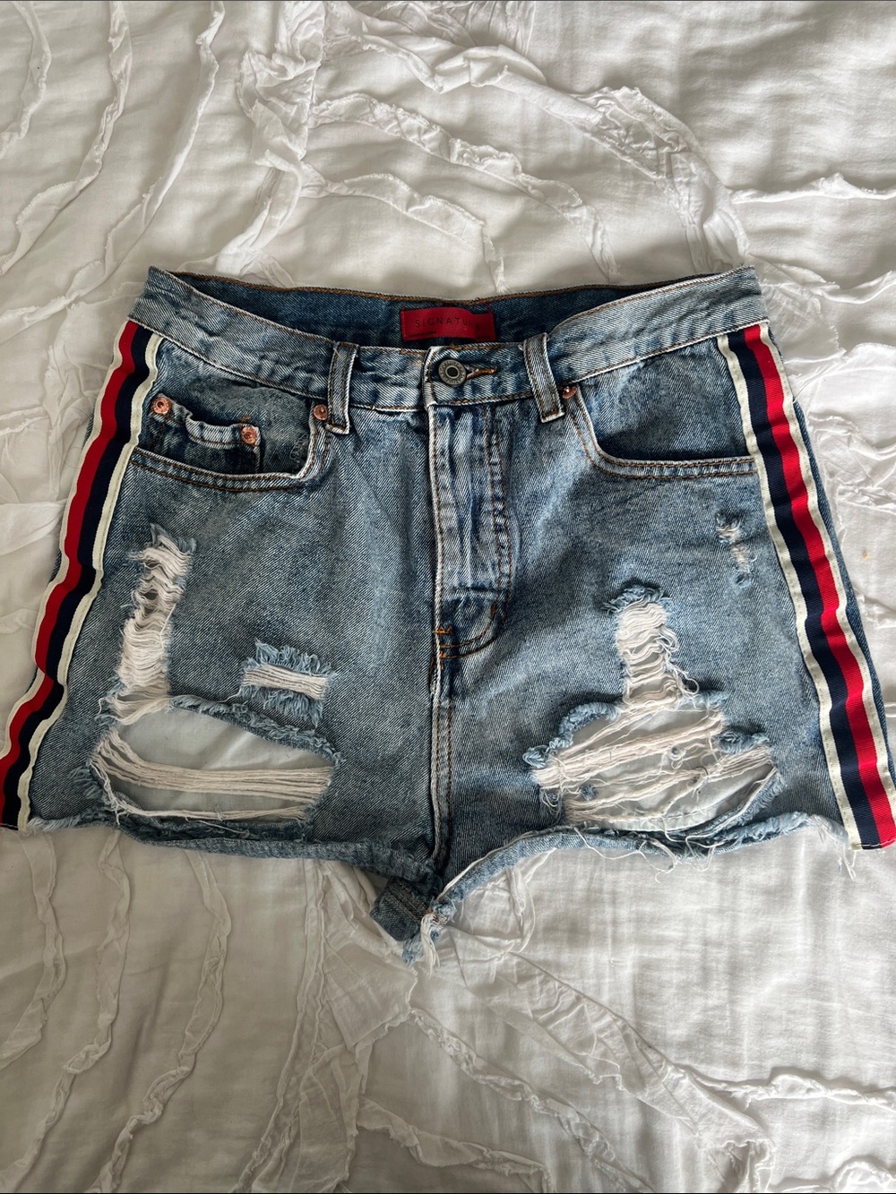 Distressed High-Rise Denim Shorts with Side Stripe - Blue